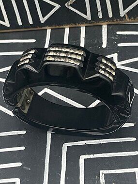 Black‎ Bakelite Rhinestone Clamper Bracelet Art Deco Machine Age Small Wrist